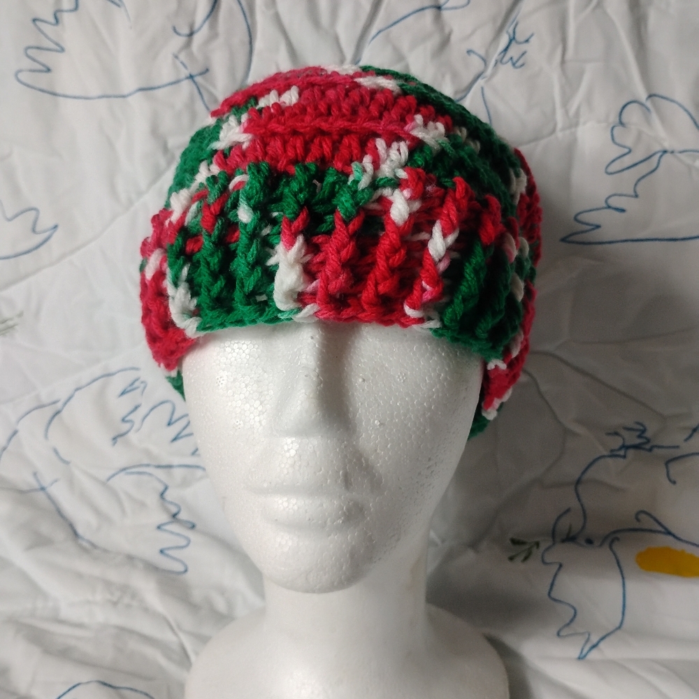 Hand Crafted Red, Green, and White Knit Hat